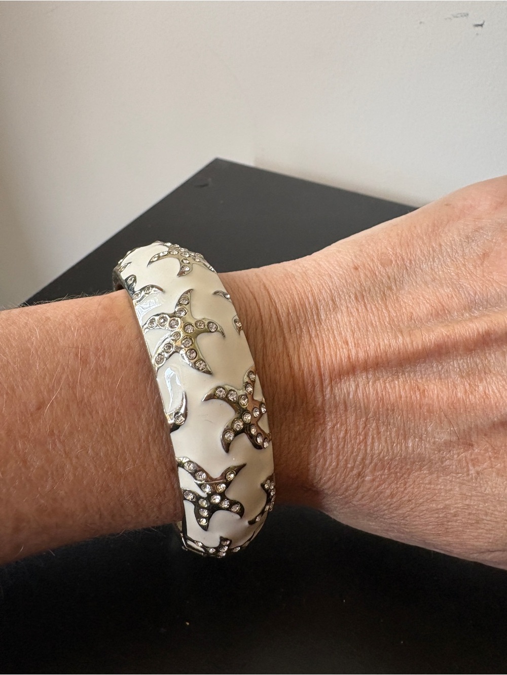 White Enamel Starfish Bangle Bracelet with Crystal Accents